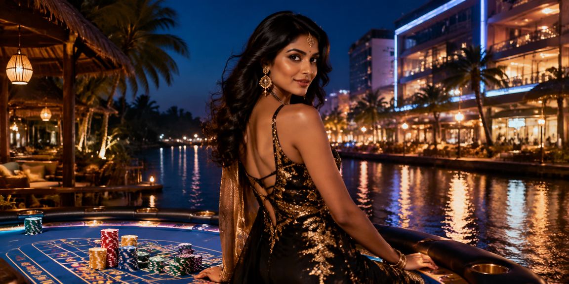 Baccarat table illuminated with blue and gold lights in Kerala live casino