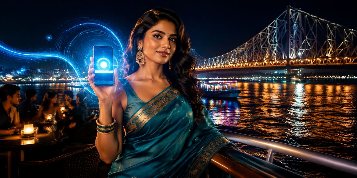 Woman in saree depositing funds on mobile app in Kolkata